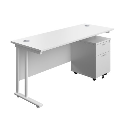 Twin Upright Rectangular Desk + Mobile 2 Drawer Pedestal (FSC) 1600X600 White/White