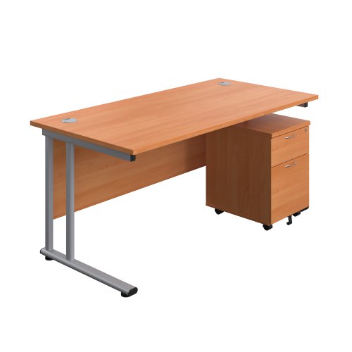 Twin Upright Rectangular Desk + Mobile 2 Drawer Pedestal 1600X800 Beech/Silver