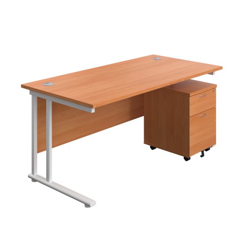 Twin Upright Rectangular Desk + Mobile 2 Drawer Pedestal 1600X800 Beech/White