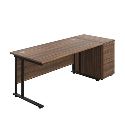 Twin Upright Rectangular Desk + Desk High 3 Drawer Pedestal (FSC) 1600X800 Dark Walnut/Black