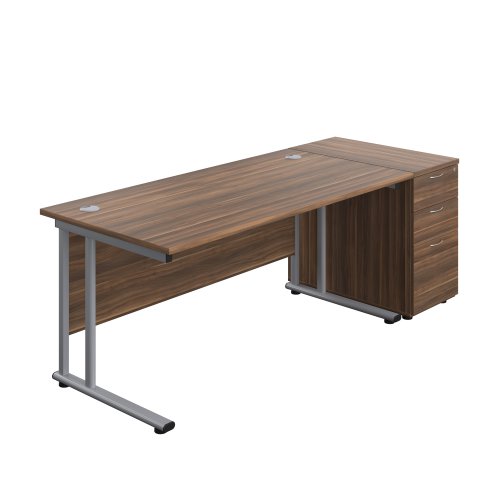Twin Upright Rectangular Desk + Desk High 3 Drawer Pedestal (FSC) 1600X800 Dark Walnut/Silver