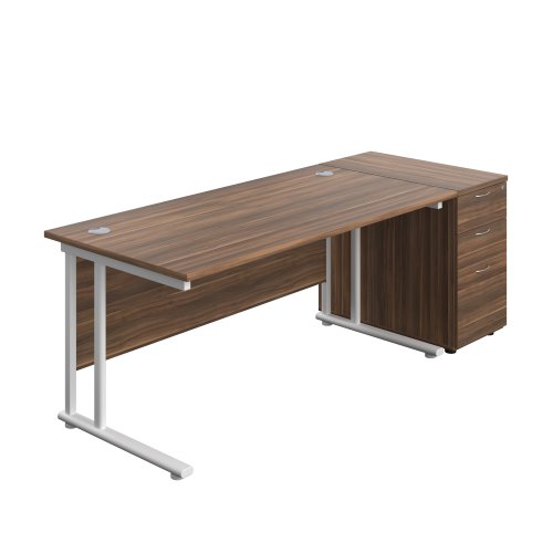 Twin Upright Rectangular Desk + Desk High 3 Drawer Pedestal (FSC) 1600X800 Dark Walnut/White