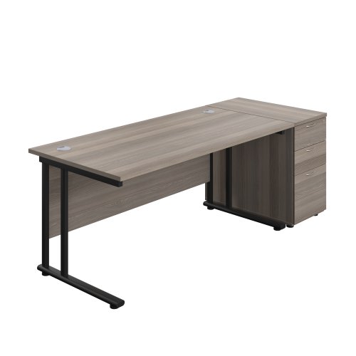 Twin Upright Rectangular Desk + Desk High 3 Drawer Pedestal (FSC) 1600X800 Grey Oak/Black