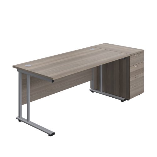 Twin Upright Rectangular Desk + Desk High 3 Drawer Pedestal (FSC) 1600X800 Grey Oak/Silver
