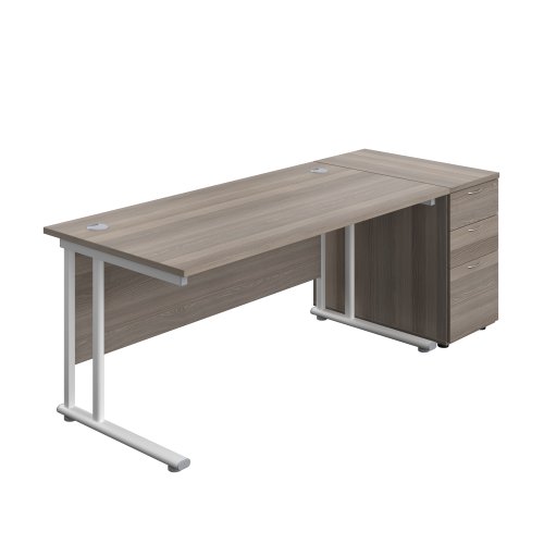 Twin Upright Rectangular Desk + Desk High 3 Drawer Pedestal (FSC) 1600X800 Grey Oak/White