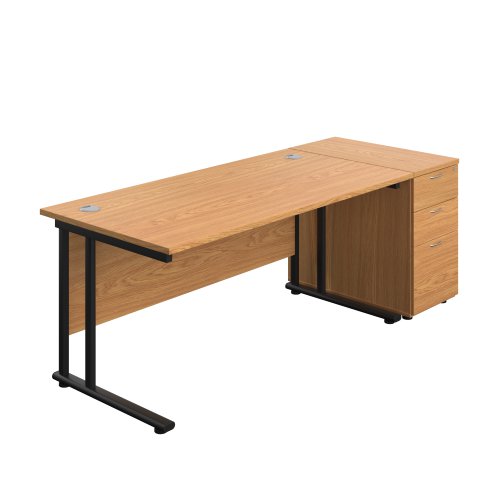 Twin Upright Rectangular Desk + Desk High 3 Drawer Pedestal (FSC) 1600X800 Nova Oak/Black