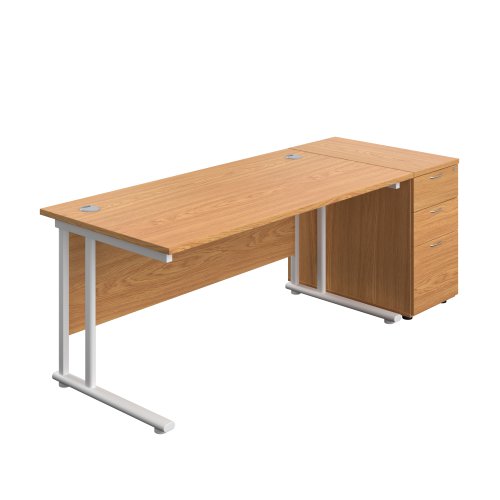 Twin Upright Rectangular Desk + Desk High 3 Drawer Pedestal (FSC) 1600X800 Nova Oak/White