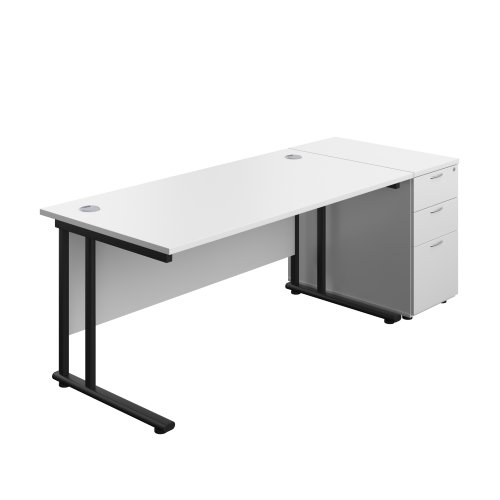 Twin Upright Rectangular Desk + Desk High 3 Drawer Pedestal (FSC) 1600X800 White/Black