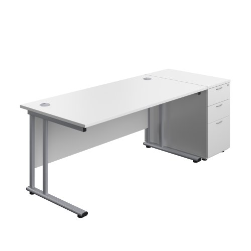 Twin Upright Rectangular Desk + Desk High 3 Drawer Pedestal (FSC) 1600X800 White/Silver