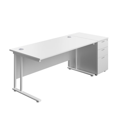 Twin Upright Rectangular Desk + Desk High 3 Drawer Pedestal (FSC) 1600X800 White/White