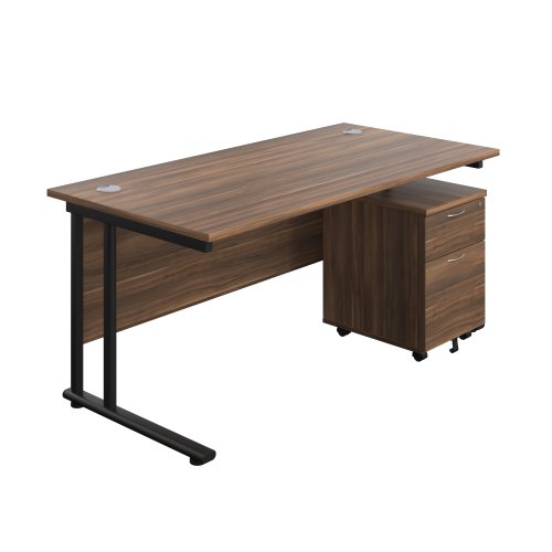Twin Upright Rectangular Desk + Mobile 2 Drawer Pedestal (FSC) 1600X800 Dark Walnut/Black