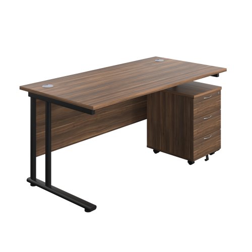 Twin Upright Rectangular Desk + Mobile 3 Drawer Pedestal (FSC) 1600X800 Dark Walnut/Black