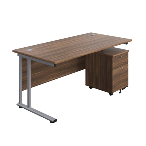 Twin Upright Rectangular Desk + Mobile 2 Drawer Pedestal 1600X800 Dark Walnut/Silver