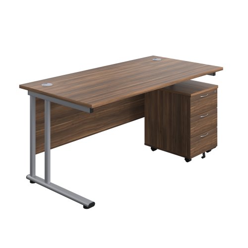 Twin Upright Rectangular Desk + Mobile 3 Drawer Pedestal 1600X800 Dark Walnut/Silver