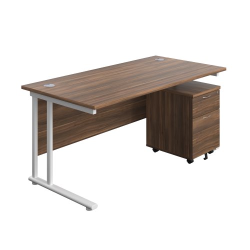 Twin Upright Rectangular Desk + Mobile 2 Drawer Pedestal 1600X800 Dark Walnut/White