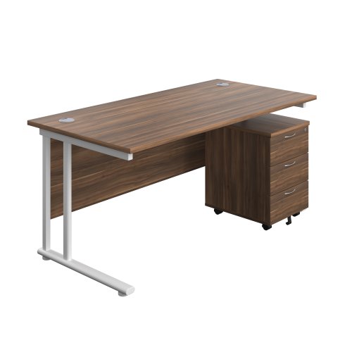 Twin Upright Rectangular Desk + Mobile 3 Drawer Pedestal 1600X800 Dark Walnut/White