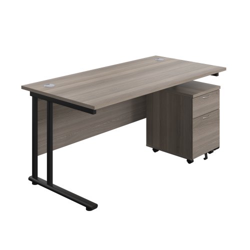 Twin Upright Rectangular Desk + Mobile 2 Drawer Pedestal (FSC) 1600X800 Grey Oak/Black