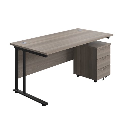Twin Upright Rectangular Desk + Mobile 3 Drawer Pedestal (FSC) 1600X800 Grey Oak/Black