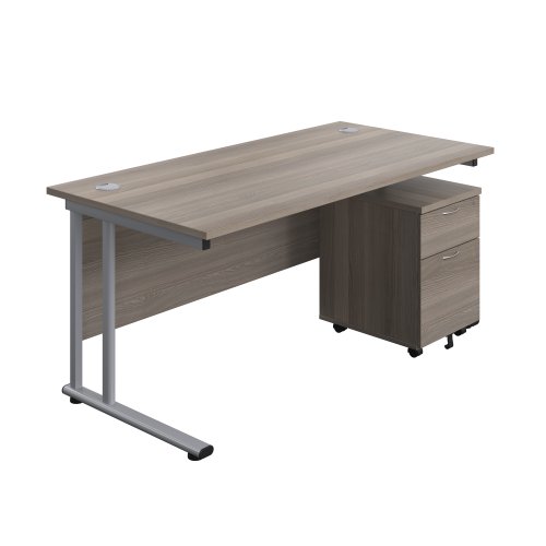 Twin Upright Rectangular Desk + Mobile 2 Drawer Pedestal 1600X800 Grey Oak/Silver