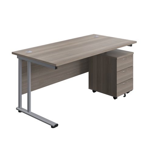 Twin Upright Rectangular Desk + Mobile 3 Drawer Pedestal 1600X800 Grey Oak/Silver