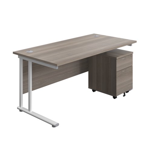 Twin Upright Rectangular Desk + Mobile 2 Drawer Pedestal 1600X800 Grey Oak/White