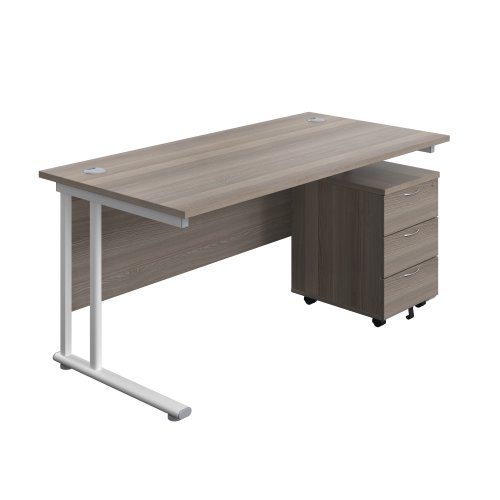 Twin Upright Rectangular Desk + Mobile 3 Drawer Pedestal 1600X800 Grey Oak/White