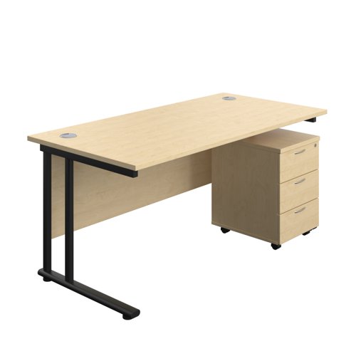Twin Upright Rectangular Desk + Mobile 3 Drawer Pedestal (FSC) 1600X800 Maple/Black