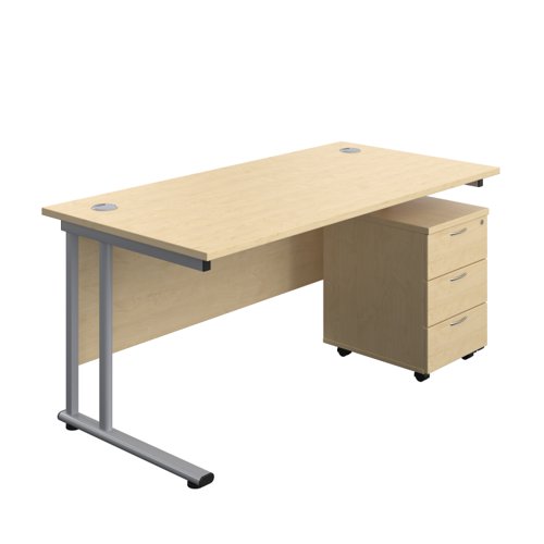Twin Upright Rectangular Desk + Mobile 3 Drawer Pedestal (FSC) 1600X800 Maple/Silver