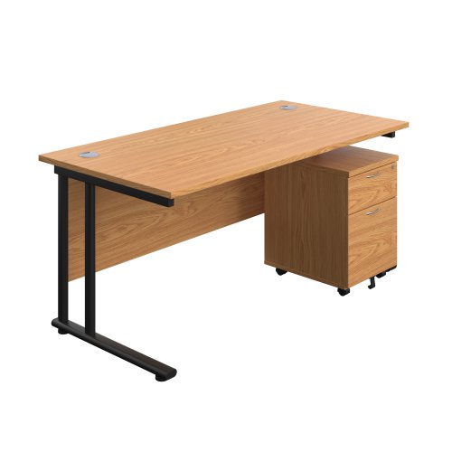 Twin Upright Rectangular Desk + Mobile 2 Drawer Pedestal (FSC) 1600X800 Nova Oak/Black