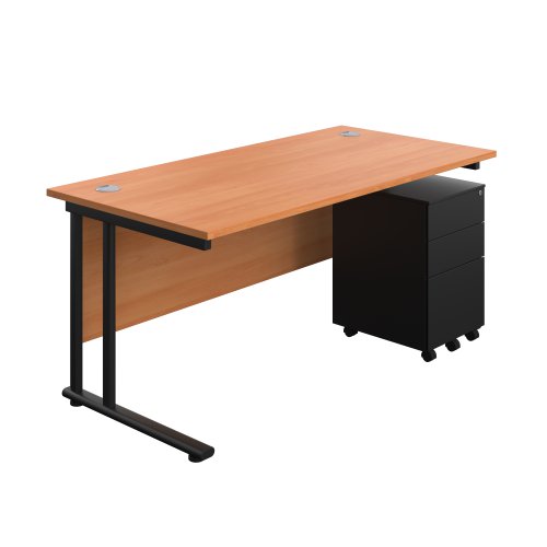 Twin Upright Rectangular Desk + Under Desk Steel Pedestal 3 Drawers (FSC) 1600X800 Beech/Black