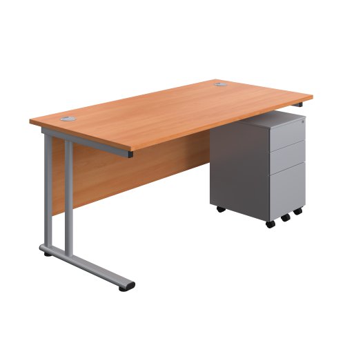 Twin Upright Rectangular Desk + Under Desk Steel Pedestal 3 Drawers (FSC) 1600X800 Beech/Silver