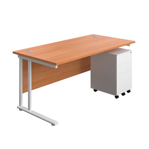 Twin Upright Rectangular Desk + Under Desk Steel Pedestal 3 Drawers (FSC) 1600X800 Beech/White