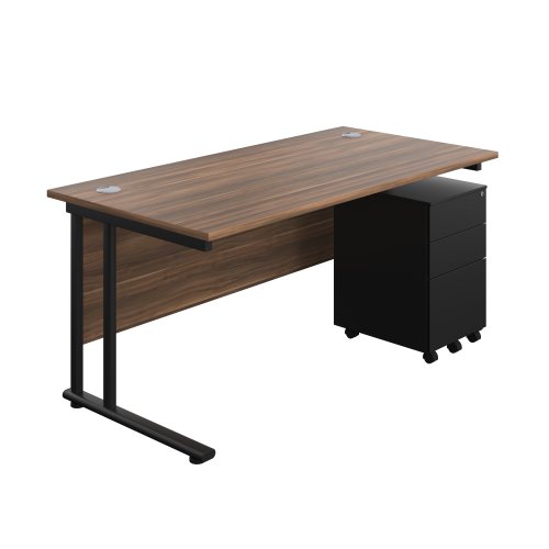 Twin Upright Rectangular Desk + Under Desk Steel Pedestal 3 Drawers (FSC) 1600X800 Dark Walnut/Black