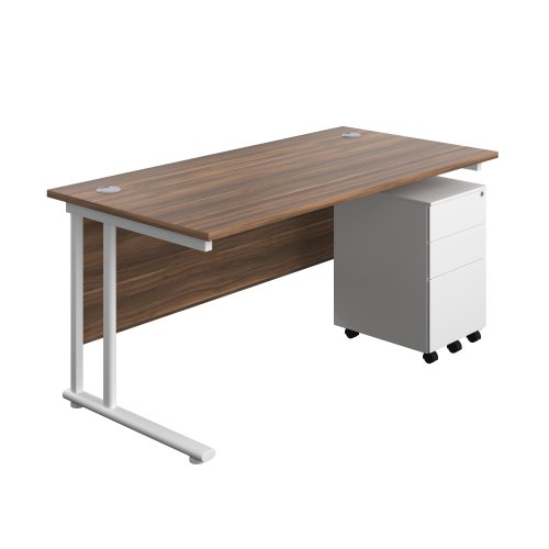 Twin Upright Rectangular Desk + Under Desk Steel Pedestal 3 Drawers (FSC) 1600X800 Dark Walnut/White