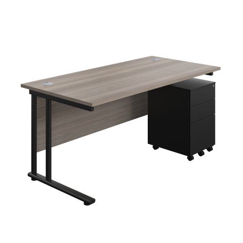 Twin Upright Rectangular Desk + Under Desk Steel Pedestal 3 Drawers (FSC) 1600X800 Grey Oak/Black