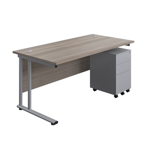 Twin Upright Rectangular Desk + Under Desk Steel Pedestal 3 Drawers (FSC) 1600X800 Grey Oak/Silver