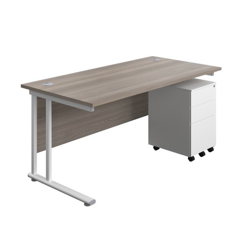 Twin Upright Rectangular Desk + Under Desk Steel Pedestal 3 Drawers (FSC) 1600X800 Grey Oak/White