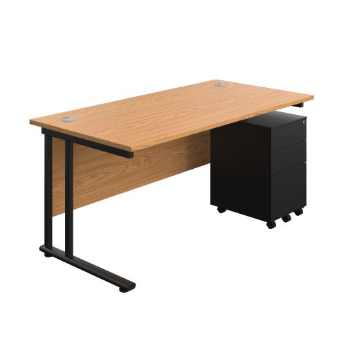 Twin Upright Rectangular Desk + Under Desk Steel Pedestal 3 Drawers (FSC) 1600X800 Nova Oak/Black