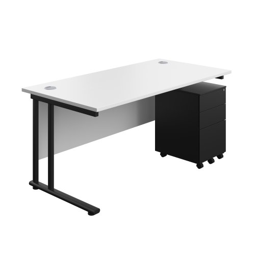 Twin Upright Rectangular Desk + Under Desk Steel Pedestal 3 Drawers (FSC) 1600X800 White/Black