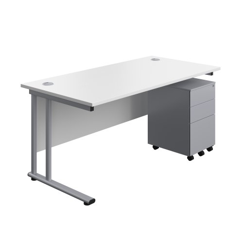 Twin Upright Rectangular Desk + Under Desk Steel Pedestal 3 Drawers 1600X800 White/Silver