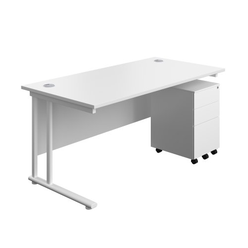 Twin Upright Rectangular Desk + Under Desk Steel Pedestal 3 Drawers 1600X800 White/White