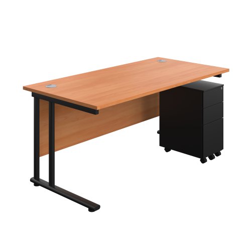 Twin Upright Rectangular Desk + Slimline Steel Pedestal 3 Drawers (FSC) 1600X800 Beech/Black