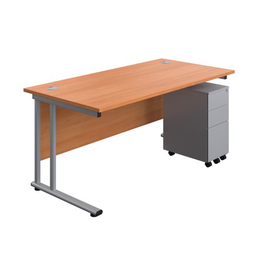 Twin Upright Rectangular Desk + Slimline Steel Pedestal 3 Drawers 1600X800 Beech/Silver