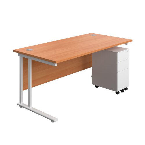 Twin Upright Rectangular Desk + Slimline Steel Pedestal 3 Drawers (FSC) 1600X800 Beech/White