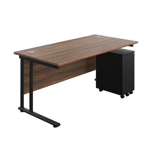 Twin Upright Rectangular Desk + Slimline Steel Pedestal 3 Drawers 1600X800 Dark Walnut/Black