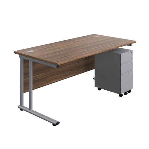 Twin Upright Rectangular Desk + Slimline Steel Pedestal 3 Drawers (FSC) 1600X800 Dark Walnut/Silver