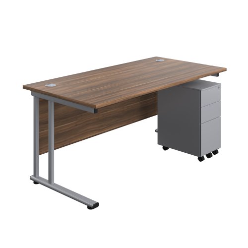 Twin Upright Rectangular Desk + Slimline Steel Pedestal 3 Drawers 1600X800 Dark Walnut/Silver