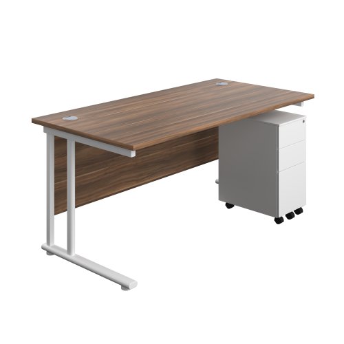 Twin Upright Rectangular Desk + Slimline Steel Pedestal 3 Drawers (FSC) 1600X800 Dark Walnut/White