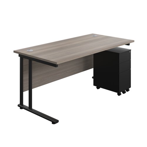 Twin Upright Rectangular Desk + Slimline Steel Pedestal 3 Drawers (FSC) 1600X800 Grey Oak/Black