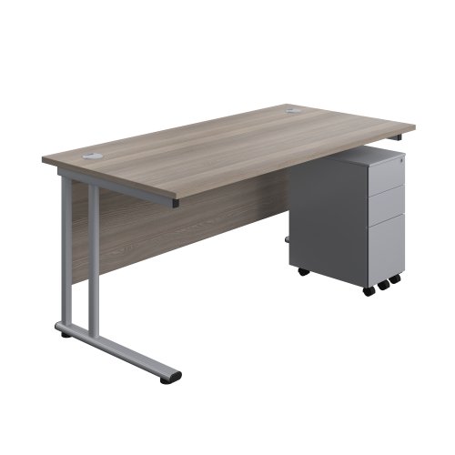 Twin Upright Rectangular Desk + Slimline Steel Pedestal 3 Drawers (FSC) 1600X800 Grey Oak/Silver